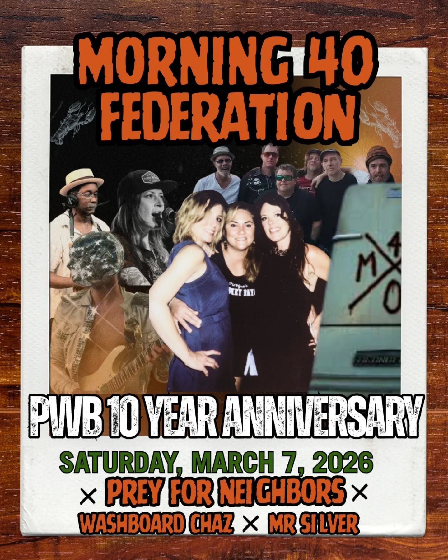 FOR OUR 10 YEAR ANNIVERSARY  @morning40federation_official WILL BE HEADLINING THE BACKYARD STAGE!

That&rsquo;s not all! March 7, 2026, @preyforneighbors! Washboard Chaz! and @mr_silv_r!

WE'LL HAVE CRAWFISH. MORE THINGS TO BE ANNOUNCED, STAY TUNED!!