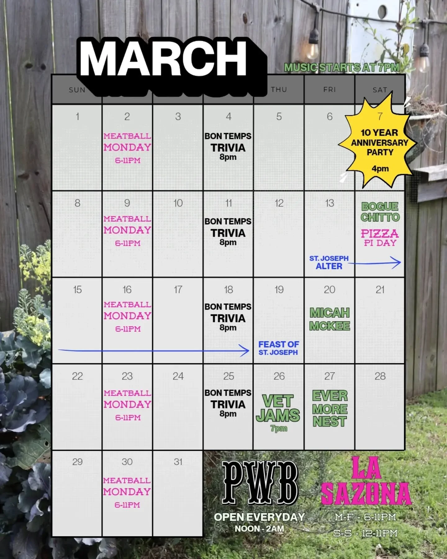 MARCH ON OVER TO 6940 ST CLAUDE AND TRY @lasazona.kitchen &nbsp;🌮🌮🌮

And while you&rsquo;re stuffing your face with tasty food and refreshing drinks -- enjoy this month's lineup of entertainment!!!🎸🎸🎸

MARCH 7, WE ARE TURNING 10 YEARS OLD. @mor