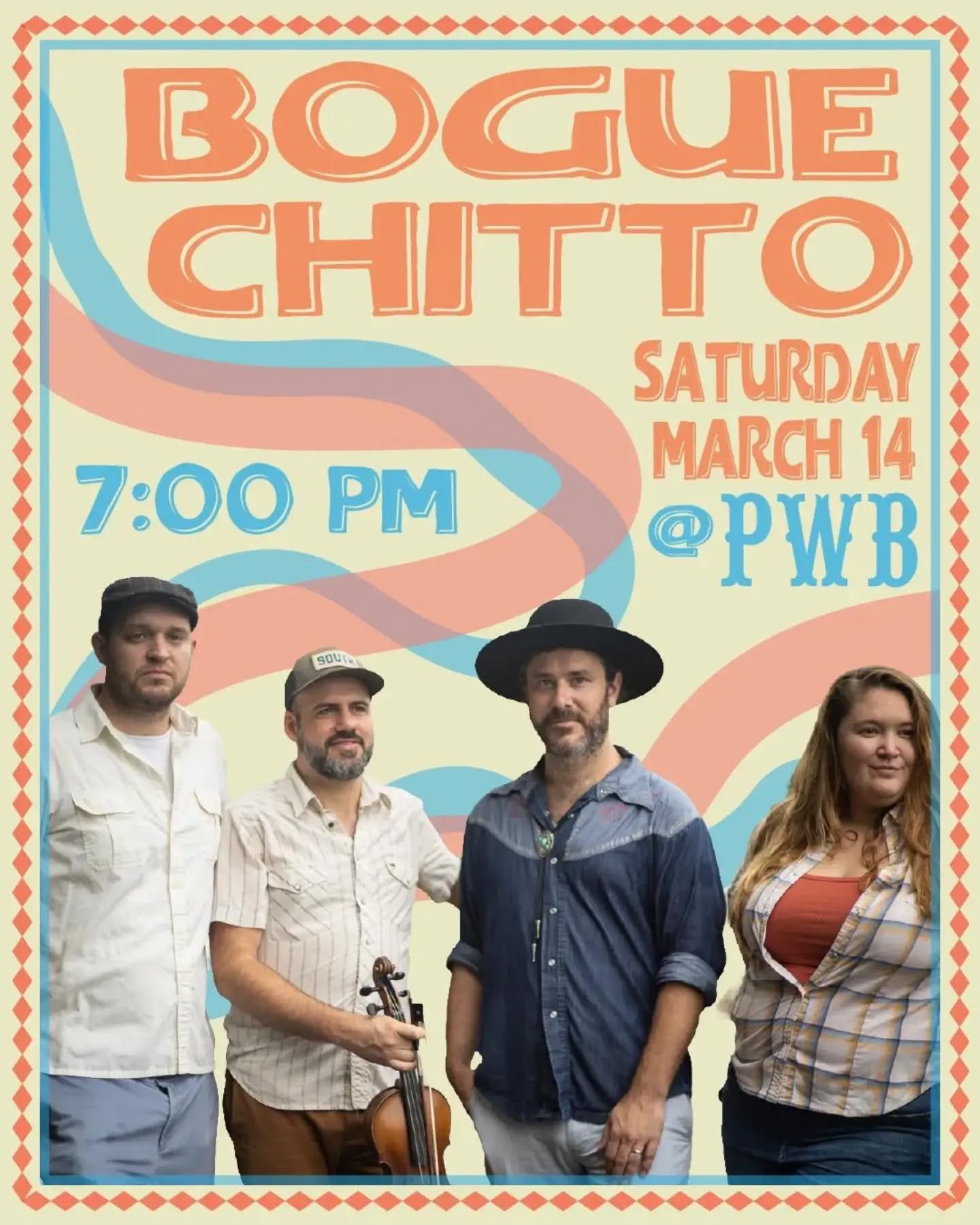 🎻Welcome back @boguechittoband to PWB!🎻

🍺A rare Saturday show in the backyard! We'll have the backyard bar open. @lasazona.kitchen will be cooking til 11pm. And Bogue Chitto will be pumping out the jams!

🖼️Thank you to one of our favorite regul