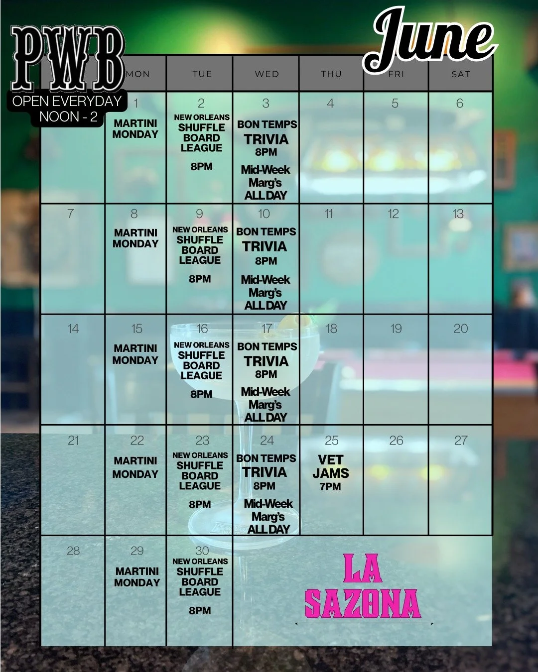The humidity may just be getting started... but so are we! We've got a lot of fun stuff coming for y'all this June, PLUS the normal liquor stuff (which is just as fun😉)

PWB is open every day from noon to 2am! @lasazona.kitchen is open every day too