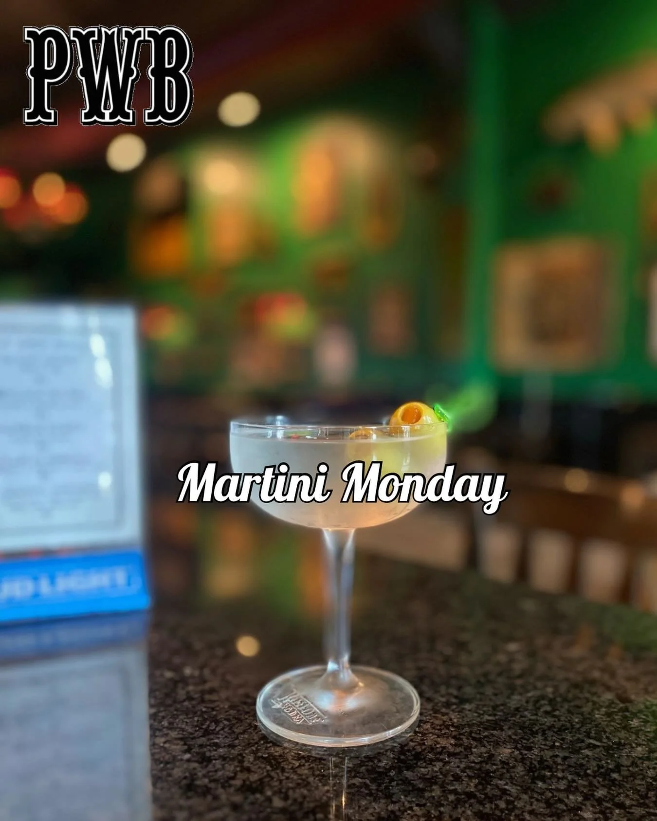 No better way to start off June than with a martini! Stop by for our Martini Monday special, where you can enjoy a $7 vodka or gin martini of your choosing! 

🍸🍸🍸
#pwb #martinimonday