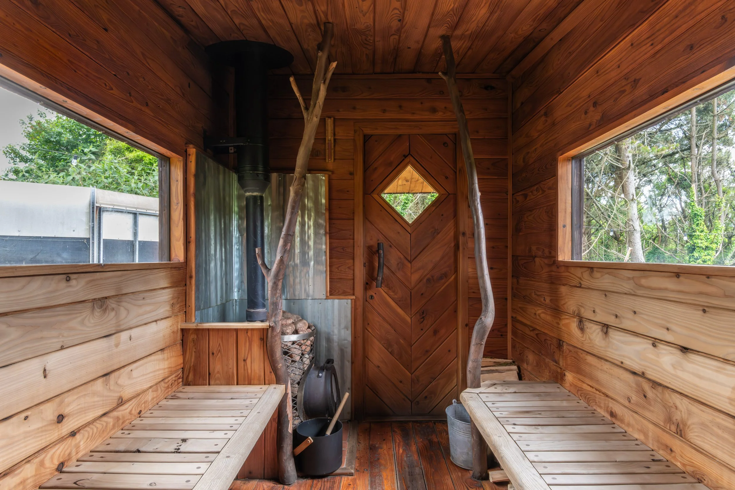 Beautiful unique features inside custom mobile sauna