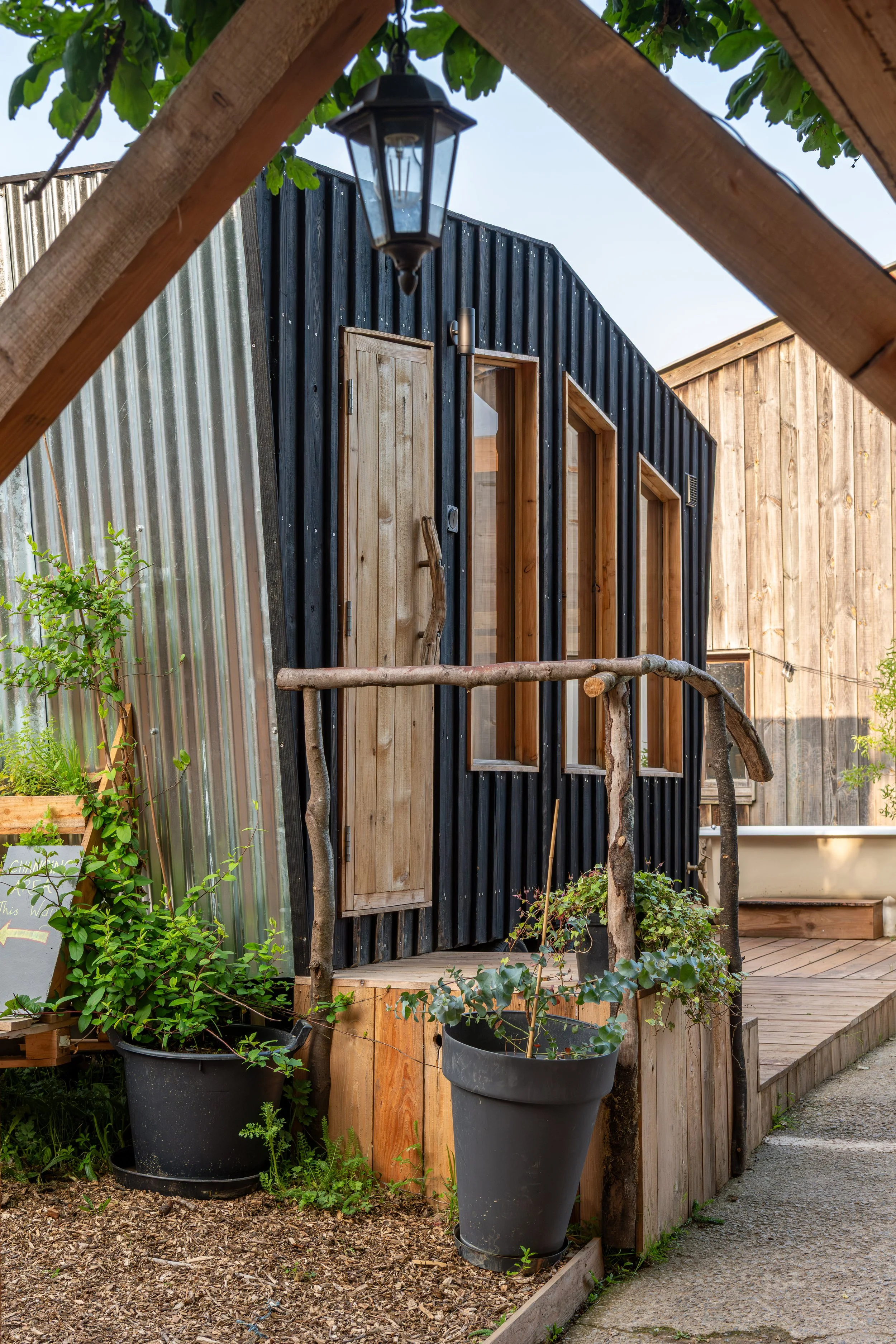 Photo looking at the Somewhere Sauna in Dartington