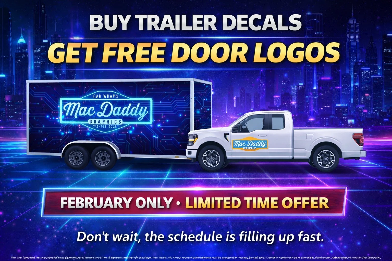 Your trailer should be doing more than hauling equipment.

It should be getting your phone to ring.

This February only, when you get trailer decals, we&rsquo;re including FREE door logos for your truck &mdash; so your entire setup looks professional