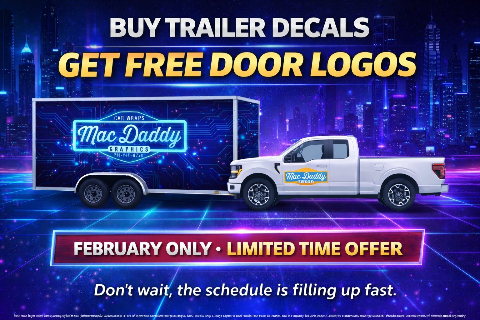 Your trailer should be doing more than hauling equipment.

It should be getting your phone to ring.

This February only, when you get trailer decals, we&rsquo;re including FREE door logos for your truck &mdash; so your entire setup looks professional