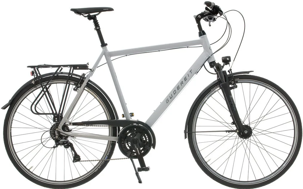 Ein silbernes Mountainbike mit schwarzem Sitz und schwarzer Federung, auf einem weißen Hintergrund.