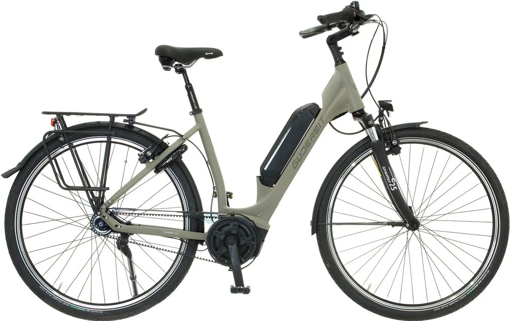 E-Bike mit grauem Rahmen, schwarzem Sitz, aufgeladenem Batteriepack und Gepäckträger