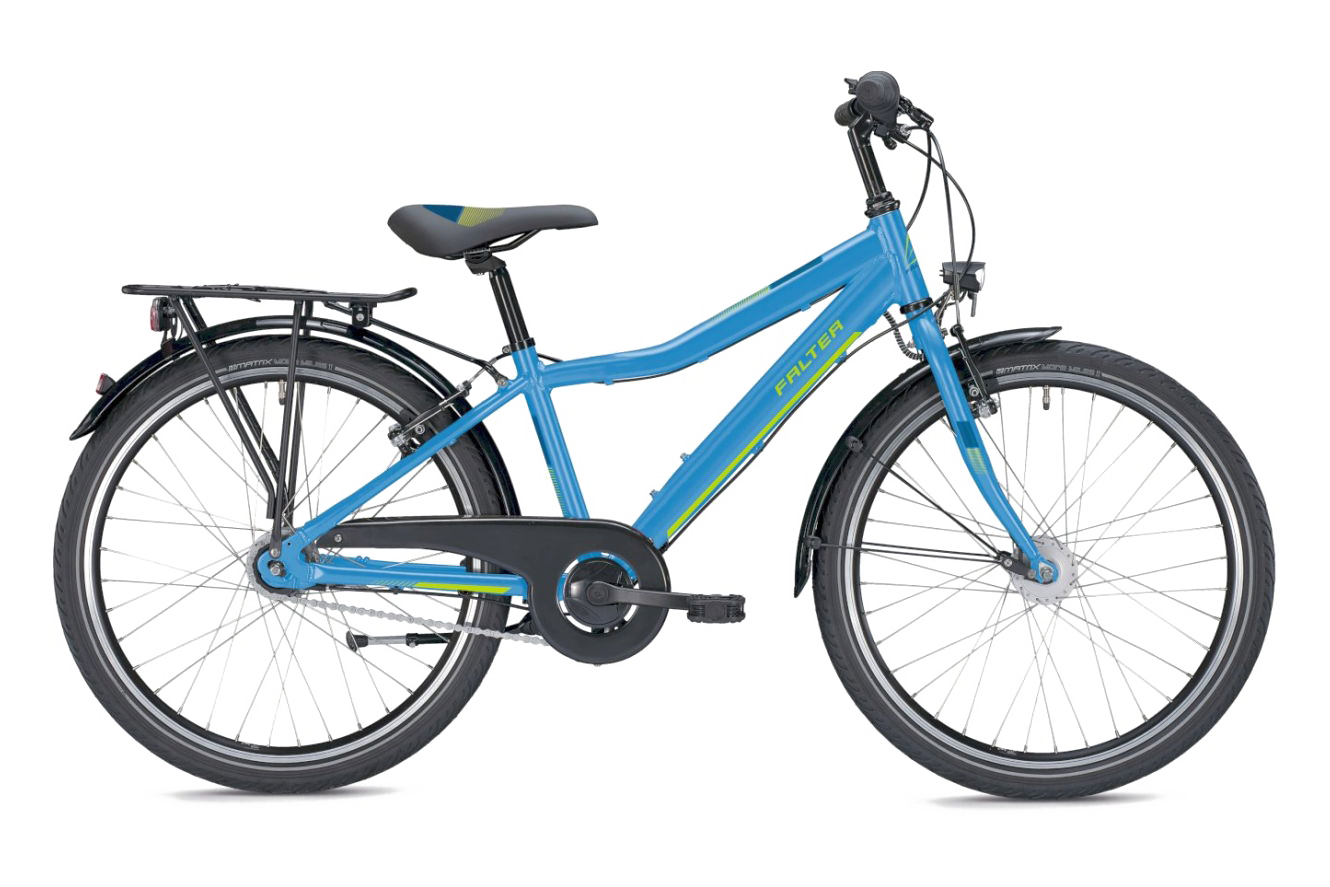 Ein blauer E-Bike mit Markenname Falter, mit schwarzem Gepäckträger und Schutzblech, gezeitetes Fahrrad auf weißem Hintergrund.
