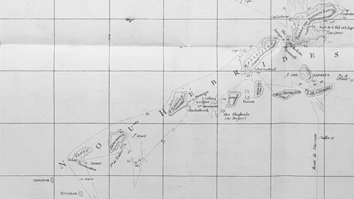 Black and white map showing islands and surrounding water, with grid lines and some labels in small print.