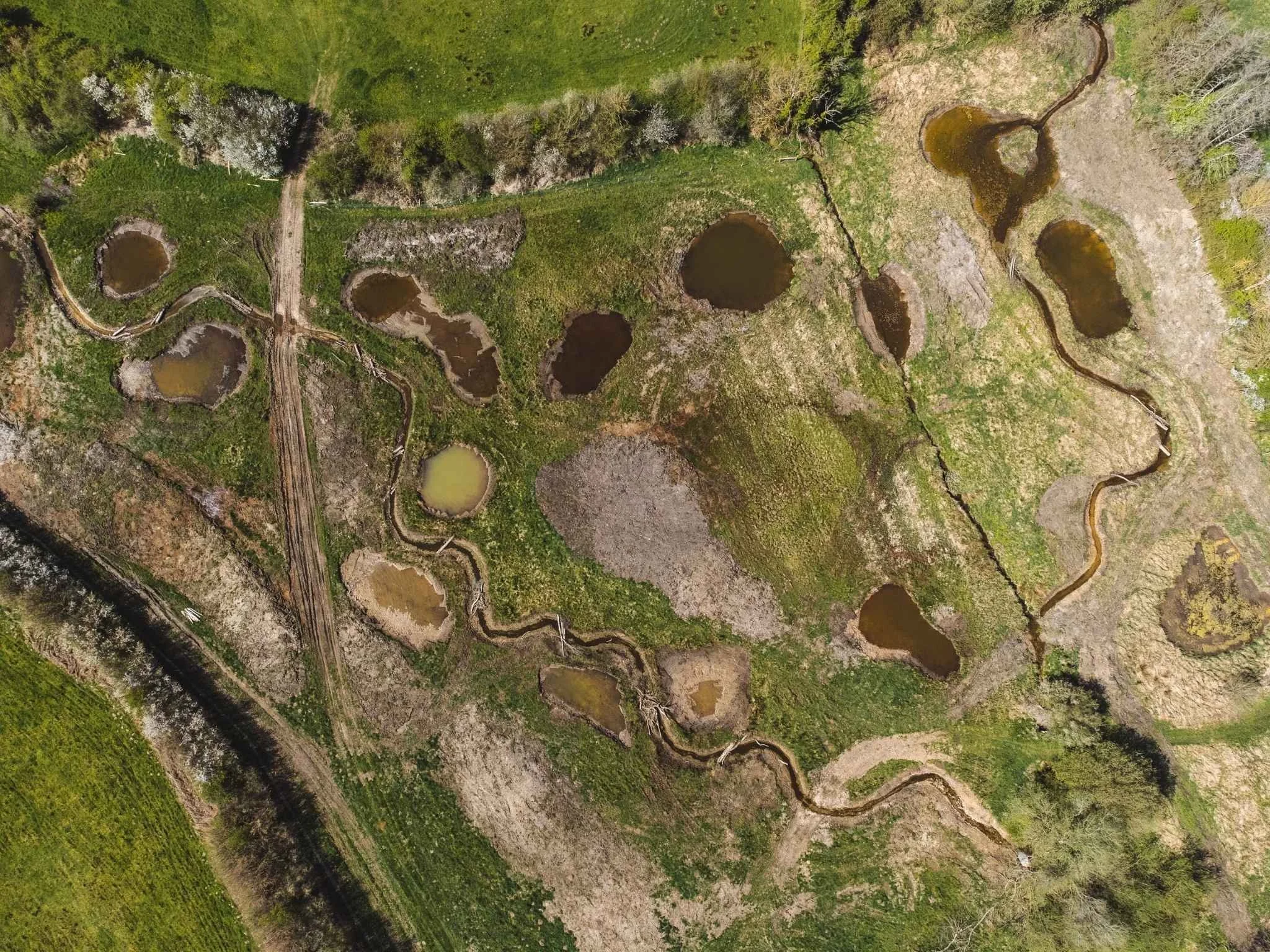 An aerial view of wetland creation at Wendling Beck.