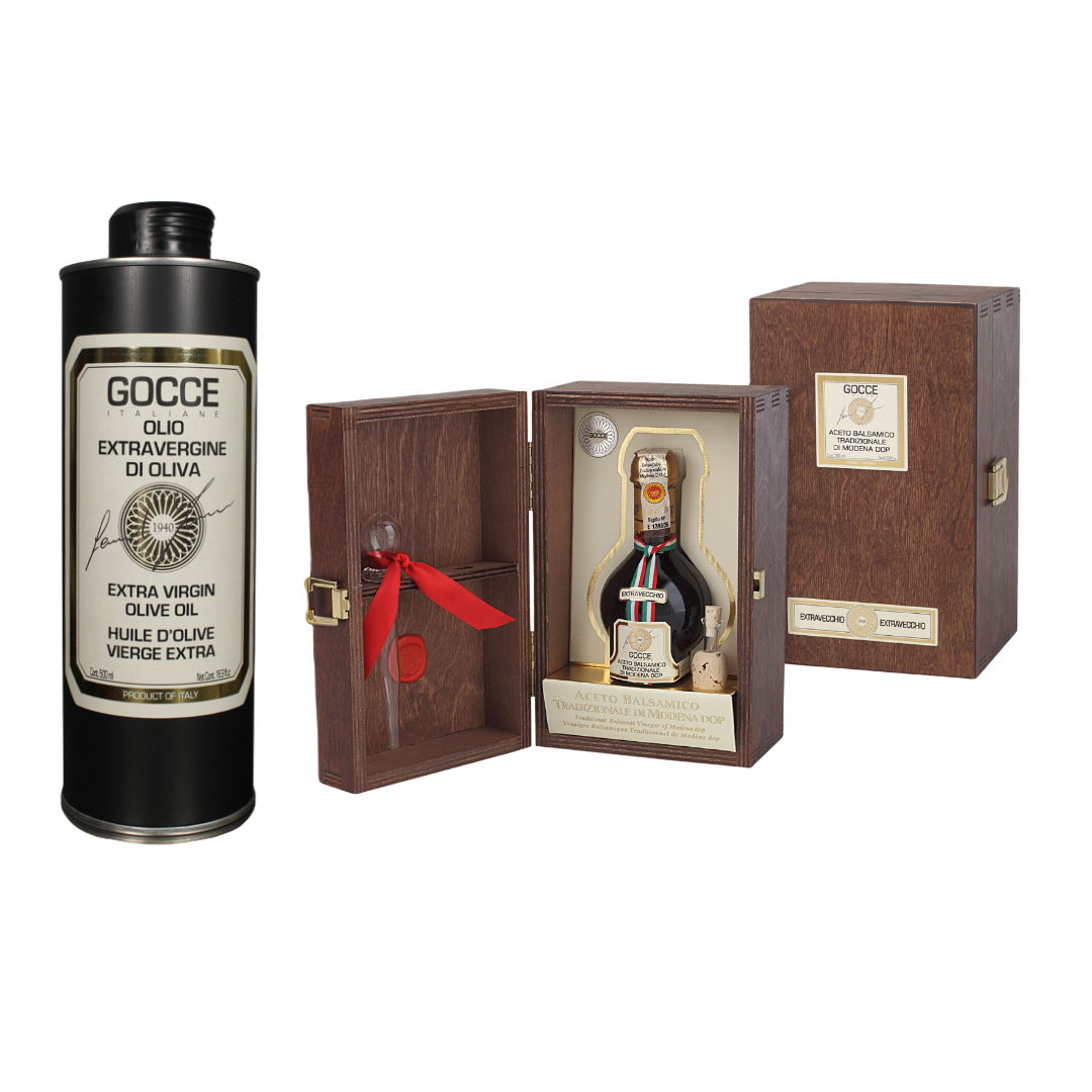 La Riserva
Executive gift · From $150
Traditional Balsamic Vinegar of Modena DOP Affinato, aged 15 years, in a wood gift box with a tin of Sicilian extra virgin olive oil. Upgrade to 30-year DOP Extravecchio. Best for top clients, board members and m