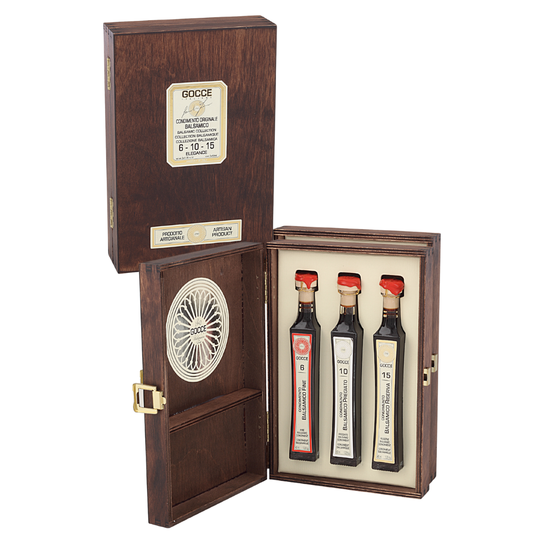 Trio di Balsamico
Balsamic aging trio · From $65
Balsamic condiments of Modena aged 6, 10 and 15 years in a presentation box. Best for clients who cook, and anyone curious how age changes balsamic.