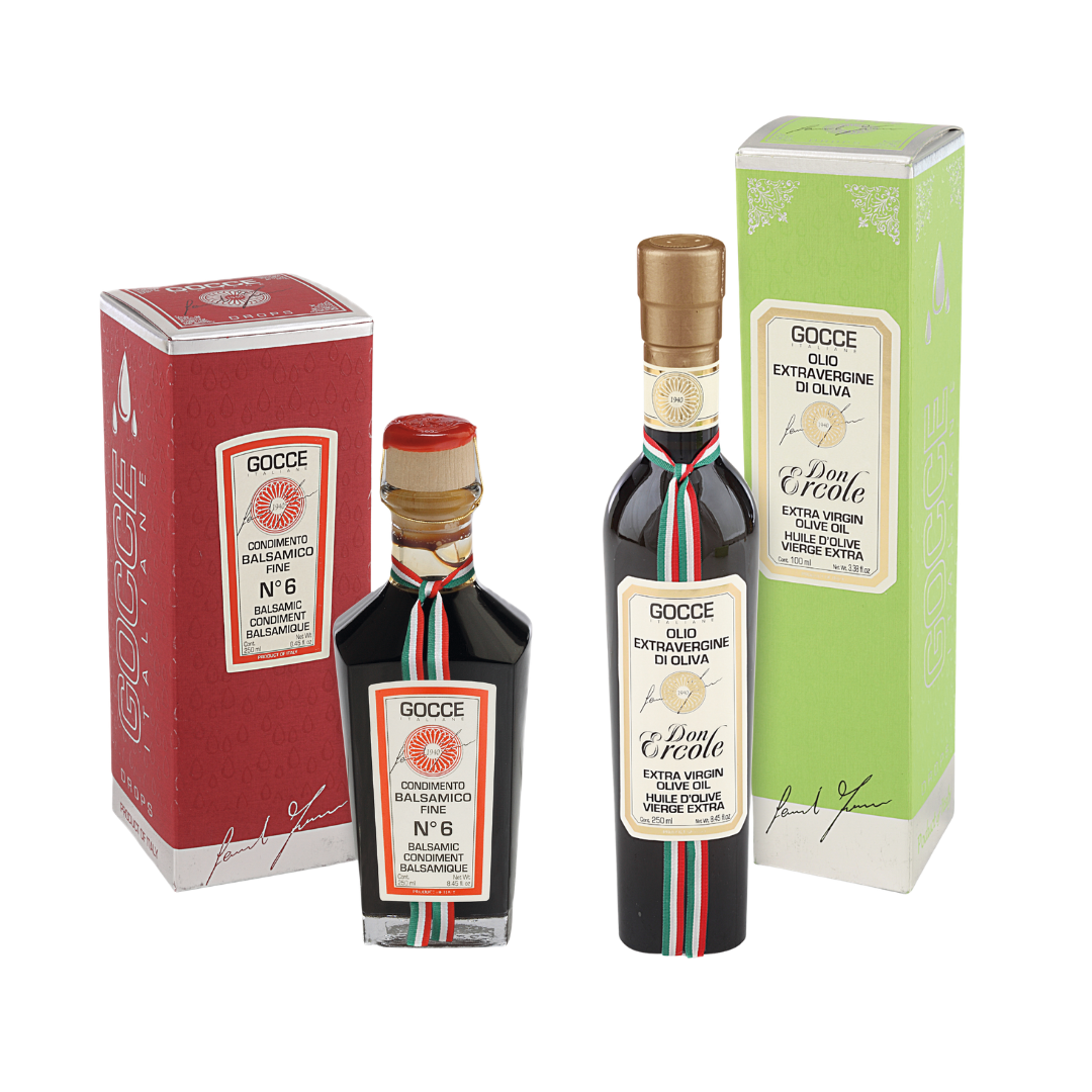 Il Classico
Olive oil and balsamic duo · From $50
Cold-pressed Sicilian extra virgin olive oil, 6-year balsamic condiment of Modena and a printed card with your message. Our most popular set, and a favourite for client thank-yous and real estate clos