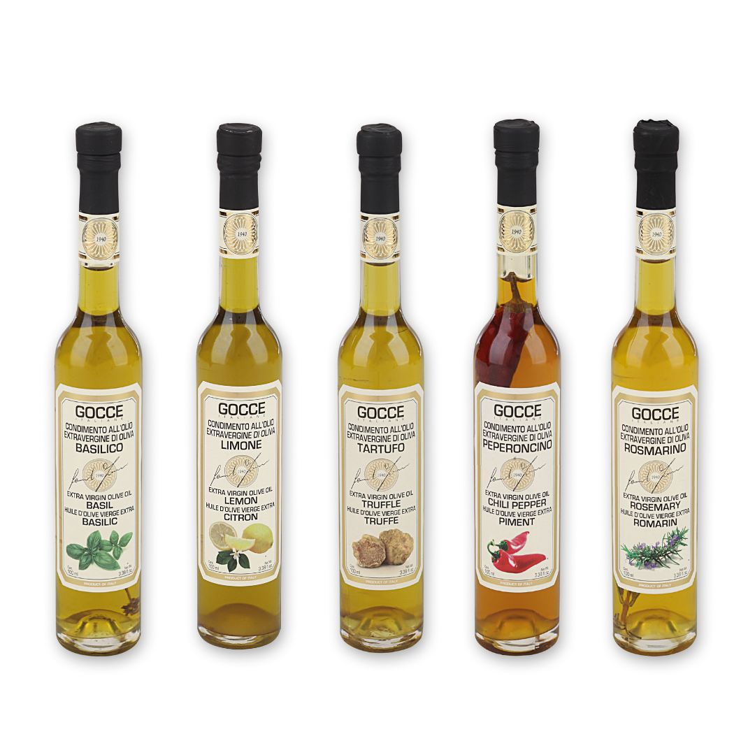 Oli Aromatici
Infused olive oil flight · From $70
Five extra virgin olive oils infused with lemon, basil, rosemary, chili pepper and truffle. Best for food-loving clients and whole-team holiday gifts.