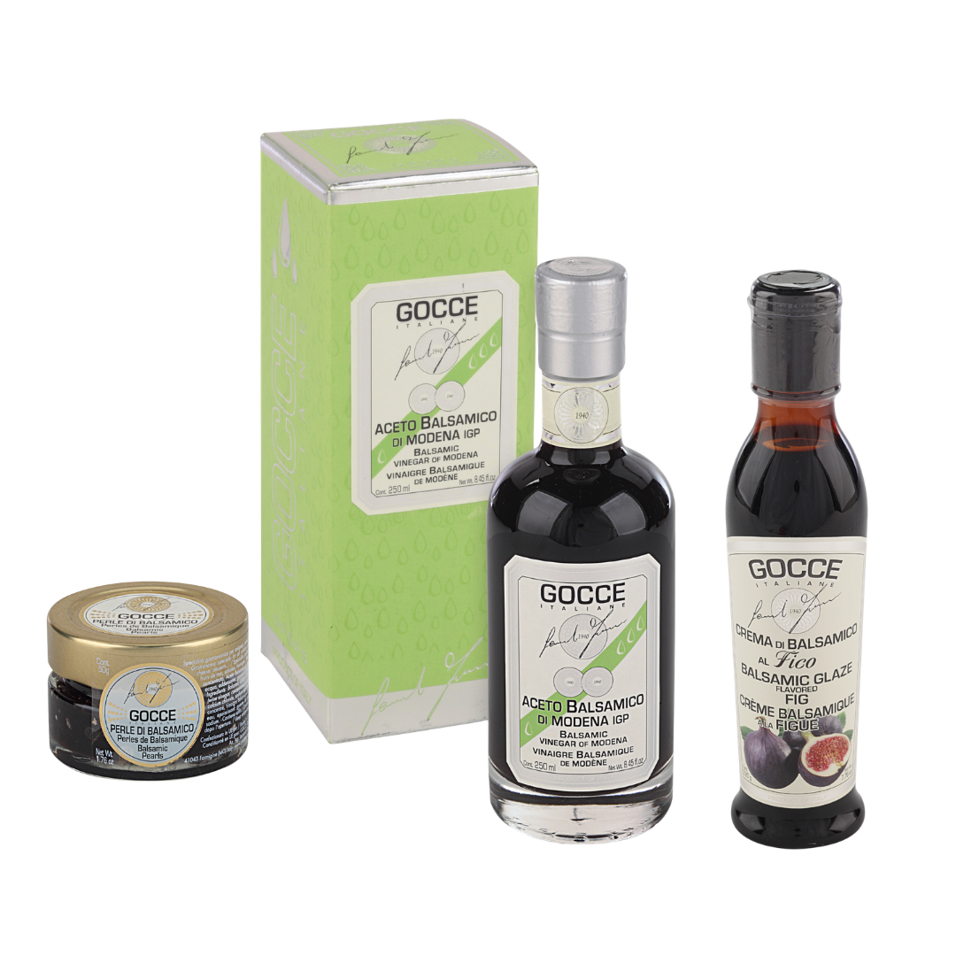 Dolce Festa
Holiday sweets box · Priced on request
Italian chocolates, fig balsamic glaze, 4-year Balsamic Vinegar of Modena IGP and classic balsamic pearls. Best for December client gifts and holiday parties.