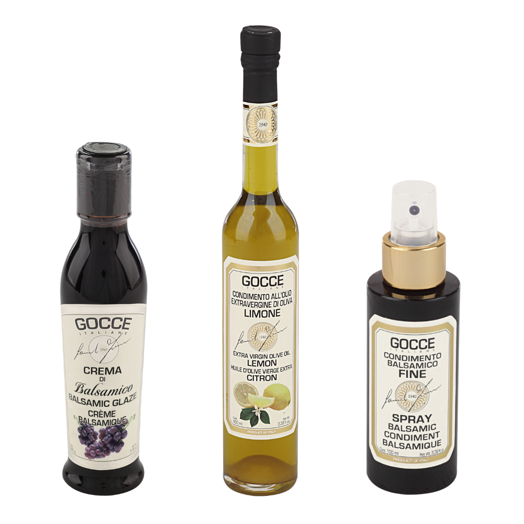 Piccolo Pensiero
A small-thought gift box · From $35
Lemon-infused extra virgin olive oil, balsamic glaze of Modena and 5-year balsamic vinegar spray. Best for team appreciation, event guests and long employee lists.