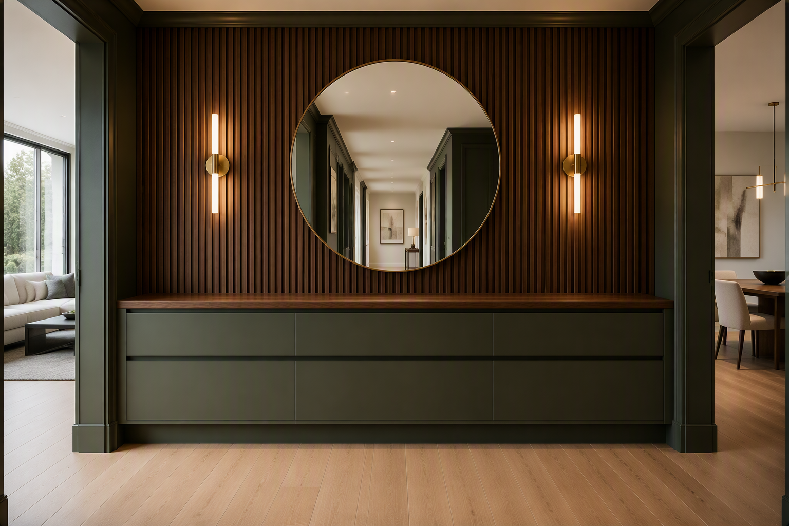 Mobilier intégré sur mesure en vert mat avec dessus en noyer dans un couloir résidentiel
