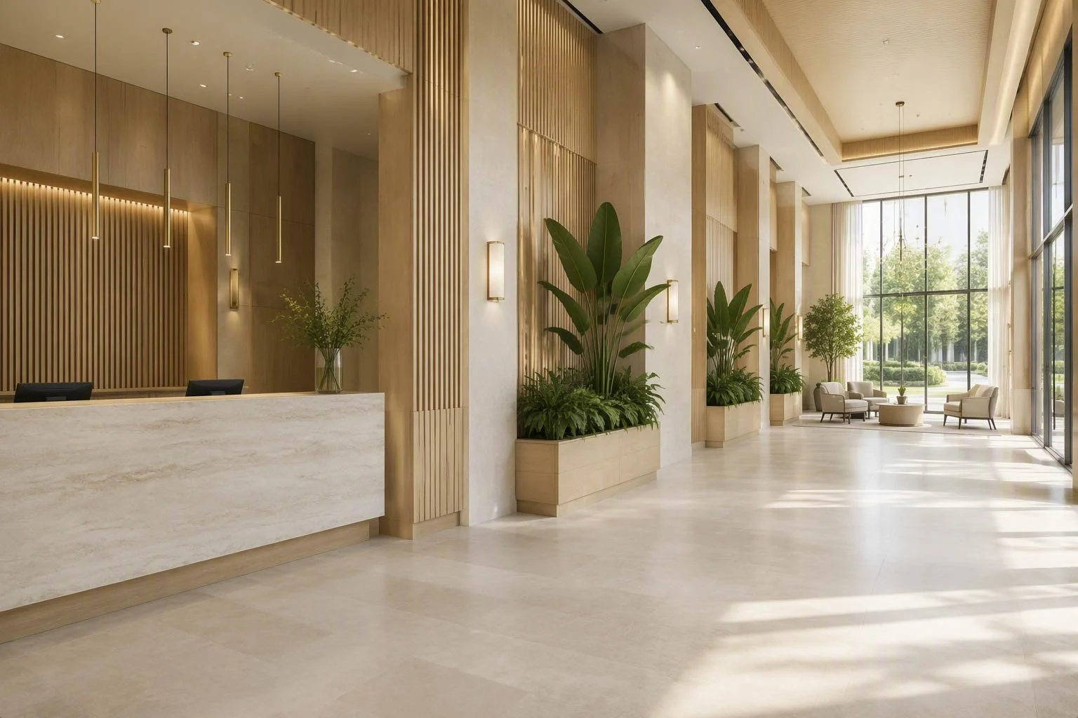 Aménagement de hall d'entrée et comptoir de réception sur mesure en bois clair et pierre avec panneaux muraux verticaux, luminaires suspendus et bacs à plantes intégrés pour projet d'ébénisterie architecturale à Boisbriand.
