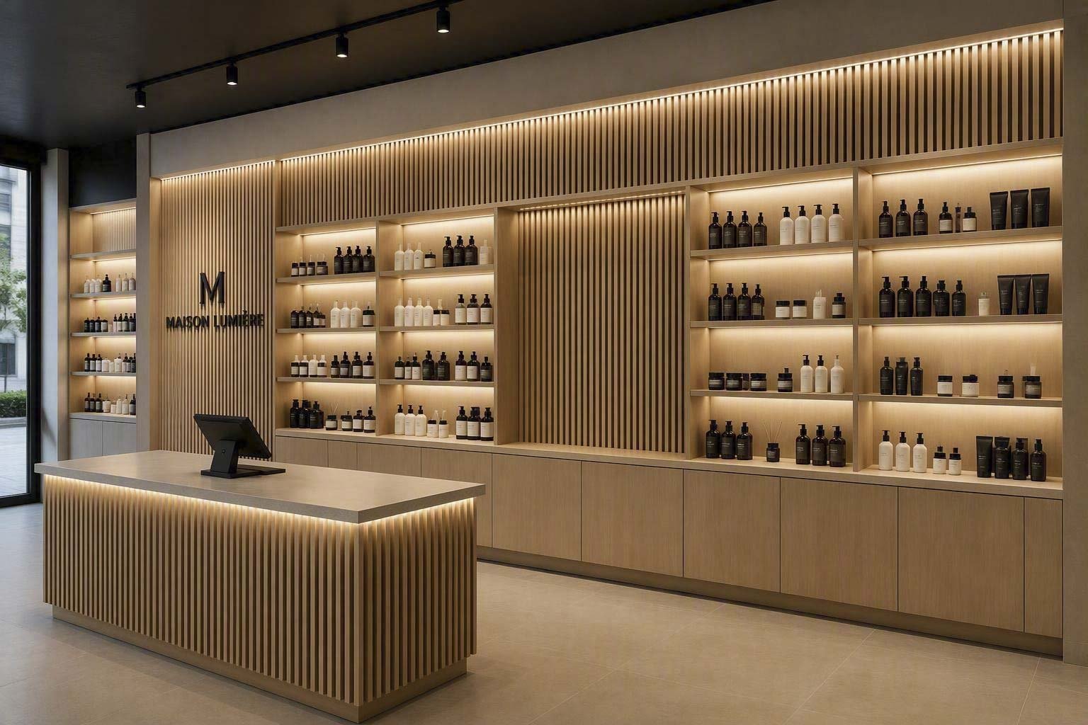 Mobilier commercial et comptoir d'accueil sur mesure en bois texturé avec tablettes intégrées, lambris mural et éclairage LED intégré pour projet d'ébénisterie architecturale à Boisbriand.