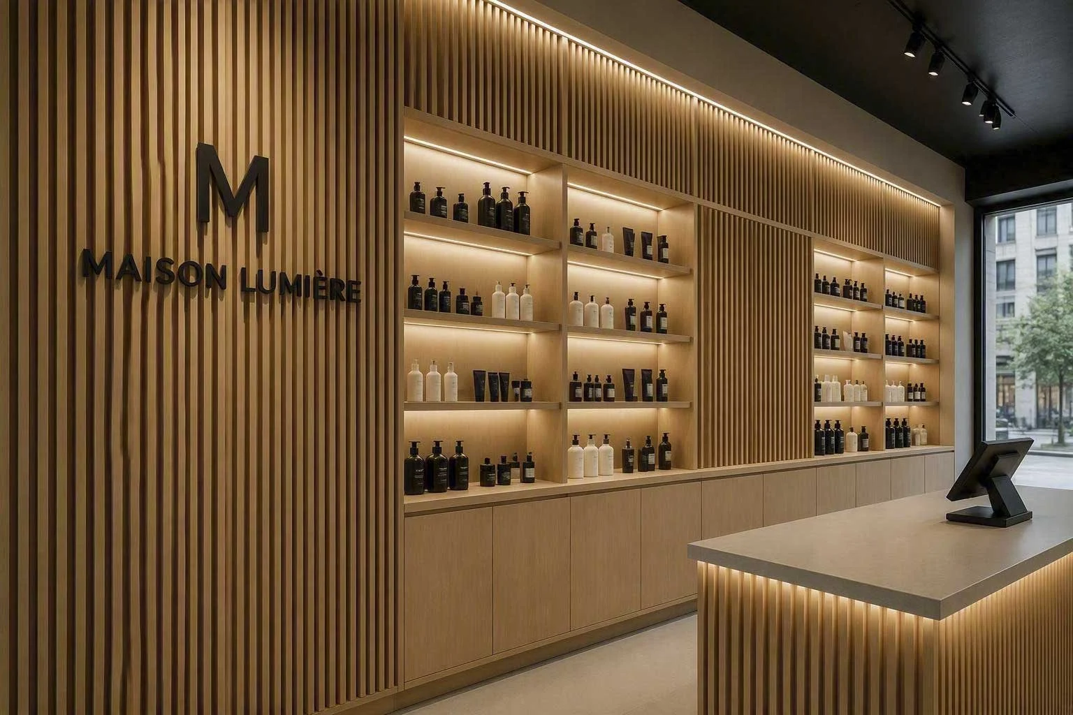 Comptoir de caisse et mobilier commercial en bois sur mesure avec tablettes éclairées par LED et lambris architectural pour l'aménagement d'espace à Boisbriand.