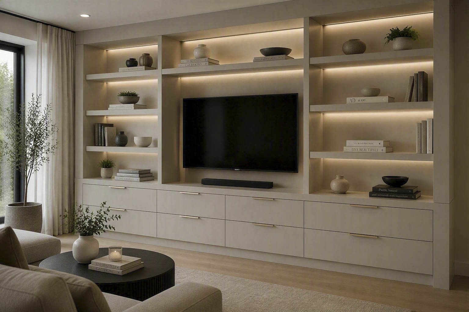 Grand meuble TV encastré et bibliothèque sur mesure en bois haut de gamme avec rangements et éclairage LED intégré par un ébéniste à Boisbriand