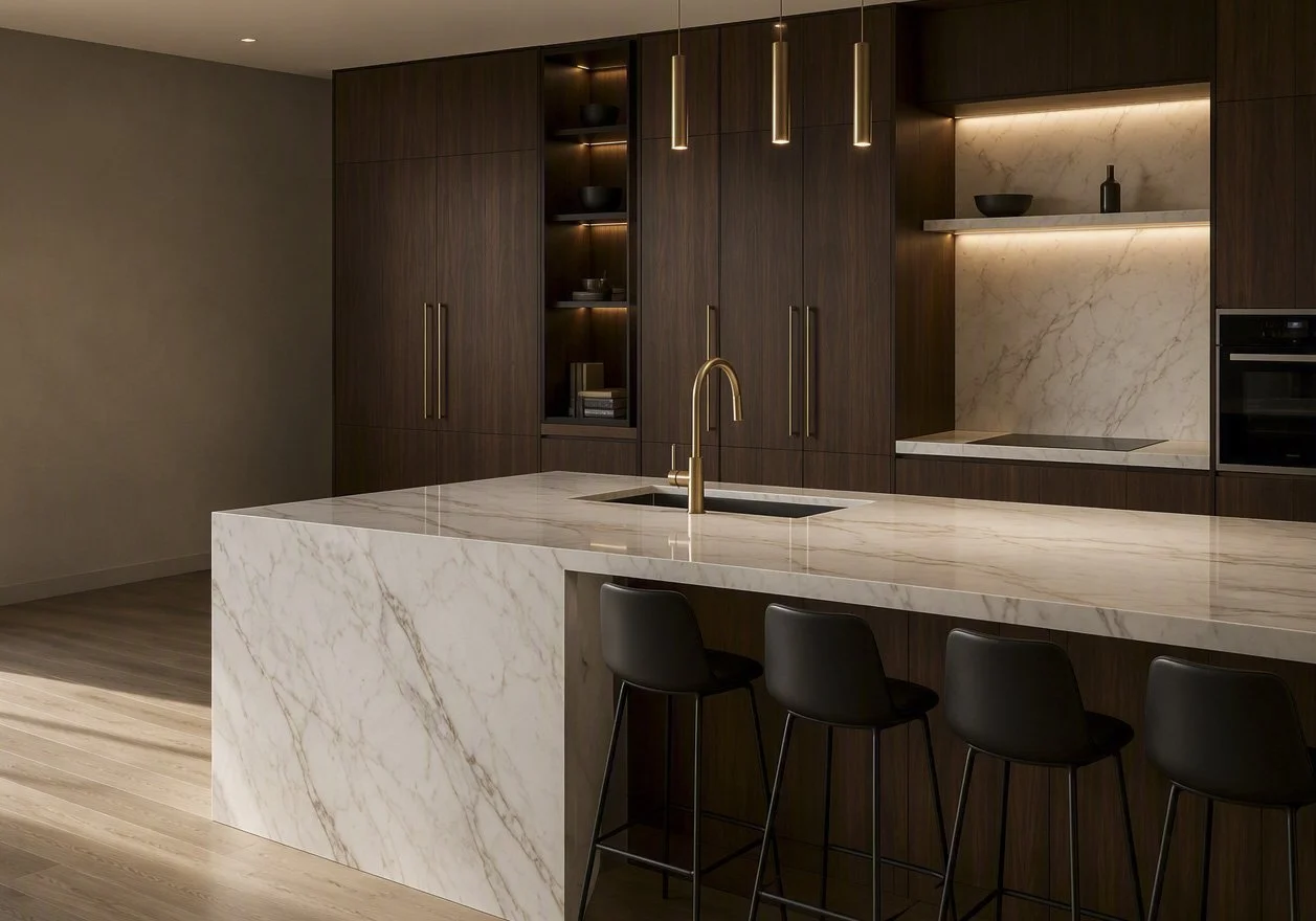 Cuisine et mobilier sur mesure haut de gamme en bois sombre avec îlot en marbre et détails dorés, fabriqués par Luxury Custom Wood à Boisbriand