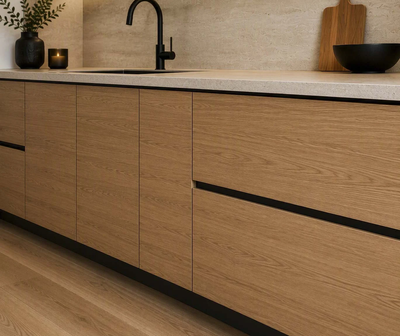 Portes et tiroirs de cuisine sur mesure en bois texturé avec robinetterie noire par Luxury Custom Wood à Boisbriand