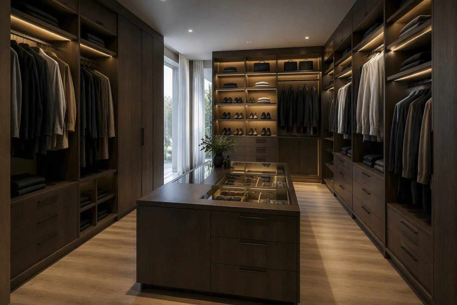 Grand walk-in dressing sur mesure en bois sombre haut de gamme avec îlot central et éclairage intégré par un ébéniste à Boisbriand
