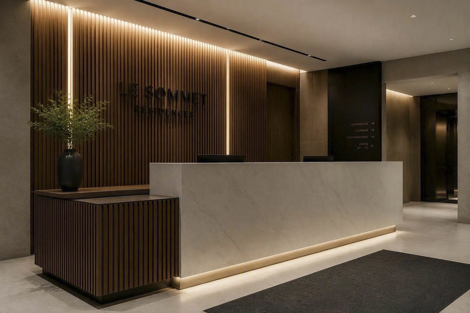 Comptoir de réception architectural sur mesure en bois lamellé et quartz blanc avec lettrage corporatif, lambris mural vertical et éclairage LED intégré pour le projet Le Sommet Résidences à Boisbriand.
