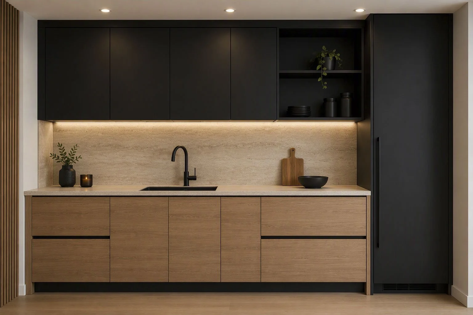 Armoires de cuisine modernes sur mesure en bois naturel avec îlot, évier noir et éclairage intégré par Luxury Custom Wood