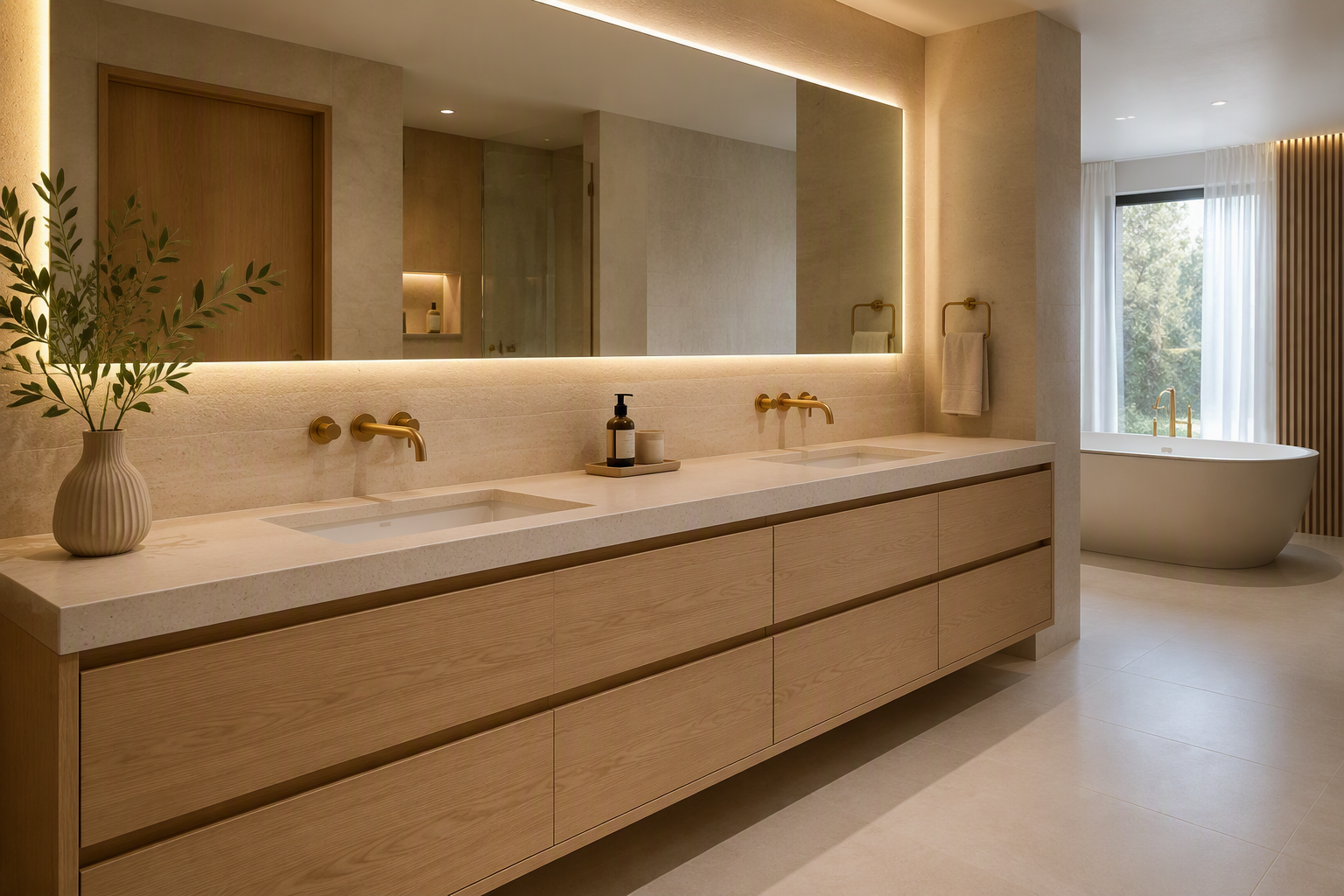 Salle de bain sur mesure avec vanité en chêne et éclairage architectural