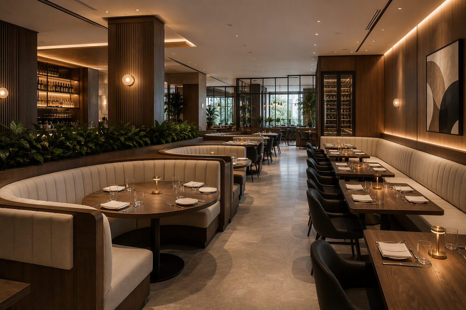 Restaurant haut de gamme avec mobilier architectural et banquettes sur mesure