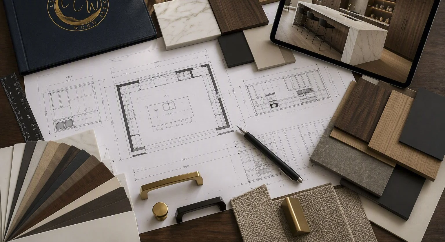 Plans d'architecture de cuisine sur mesure, échantillons de bois et échantillons de matériaux de design d'intérieur par Luxury Custom Wood