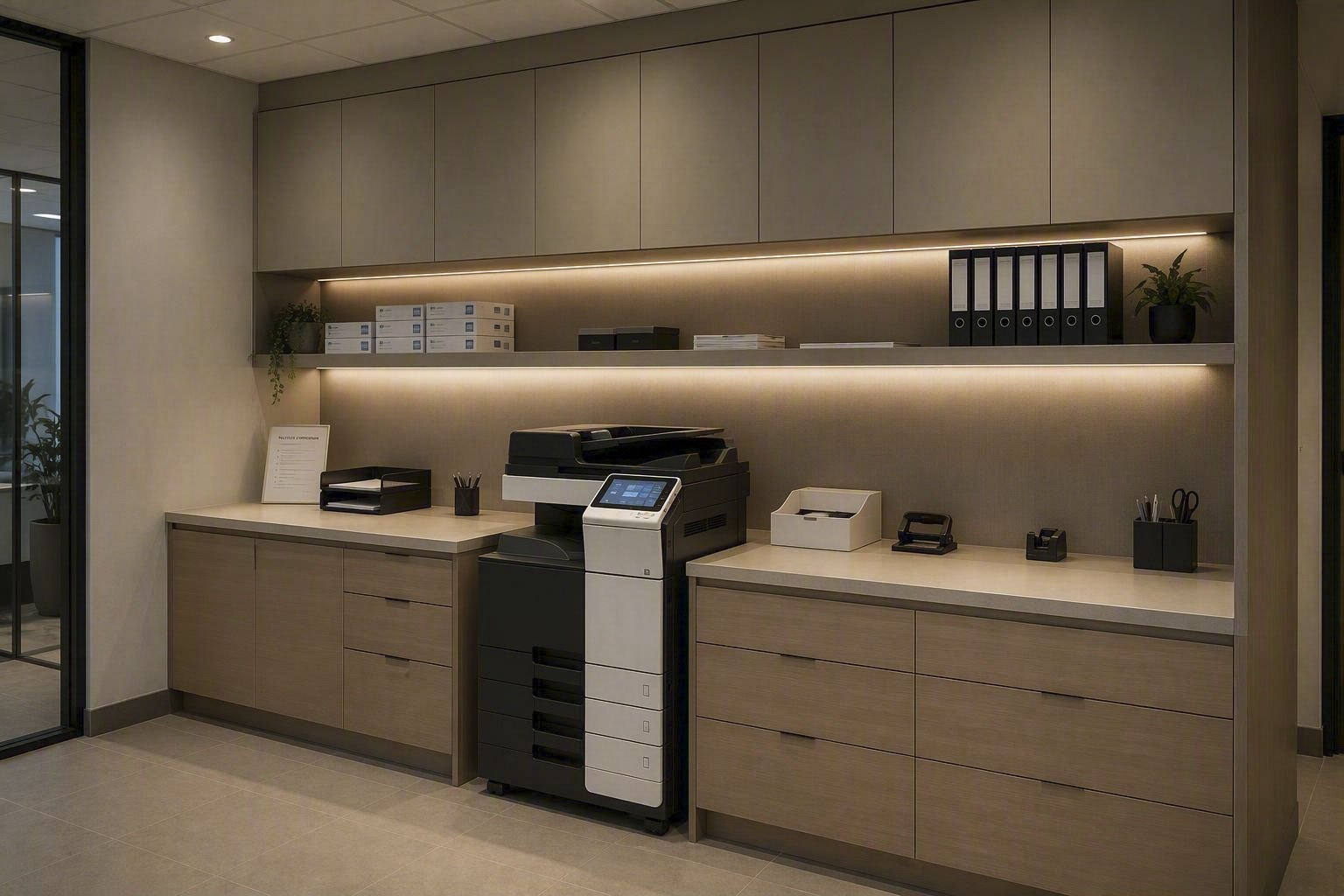 Aménagement de bureau et espace de travail sur mesure en bois texturé avec caissons de rangement bas, tiroirs intégrés, armoires murales supérieures et étagères éclairées par LED pour projet d'ébénisterie commerciale à Boisbriand.