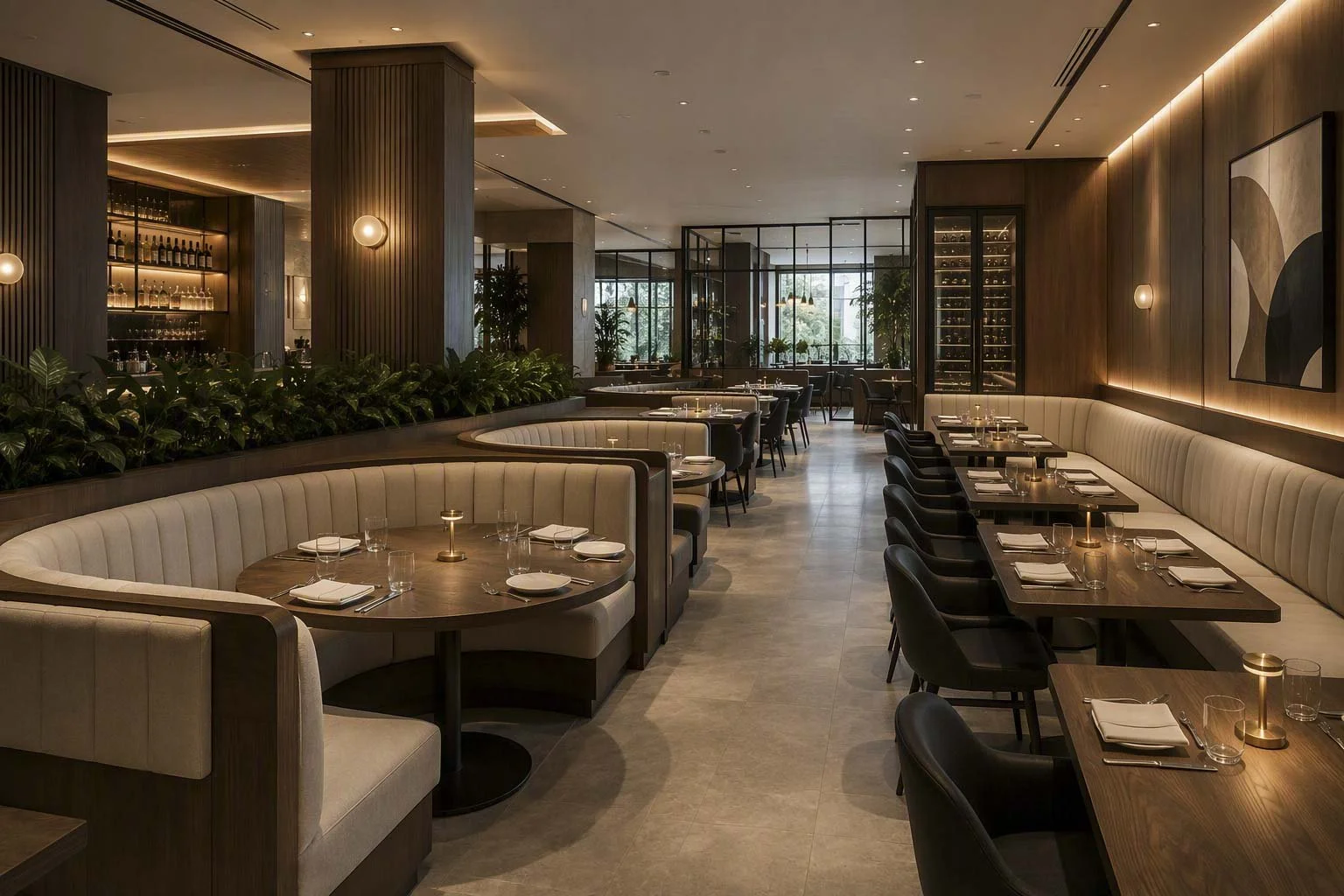 Aménagement de salle à manger et banquettes circulaires sur mesure en bois foncé avec revêtement capitonné, tables rondes et rectangulaires assorties, et lambris architecturaux pour projet d'ébénisterie commerciale à Boisbriand.