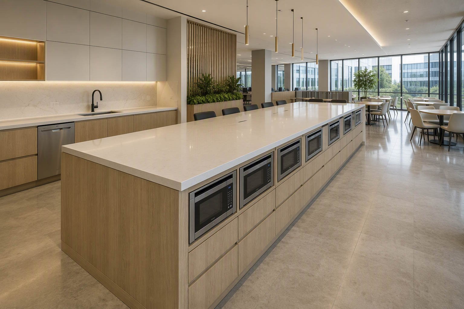 Grand îlot de cuisine commerciale et espace cafétéria sur mesure en bois clair avec un long comptoir en quartz blanc intégrant plusieurs fours à micro-ondes encastrés pour projet d'ébénisterie architecturale à Boisbriand.