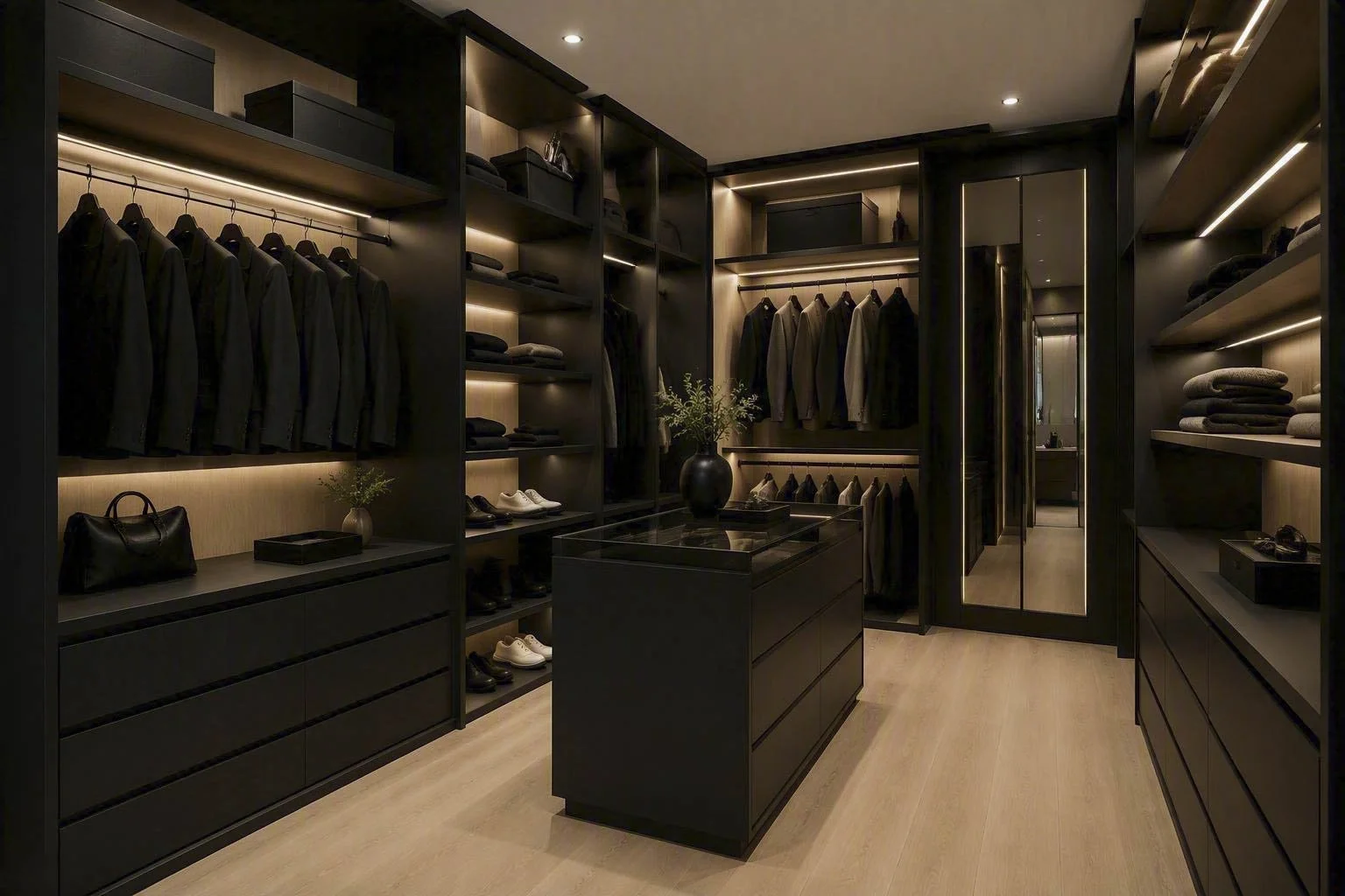 Grand walk-in dressing sur mesure en bois noir haut de gamme avec îlot central et éclairage LED intégré par un ébéniste à Boisbriand