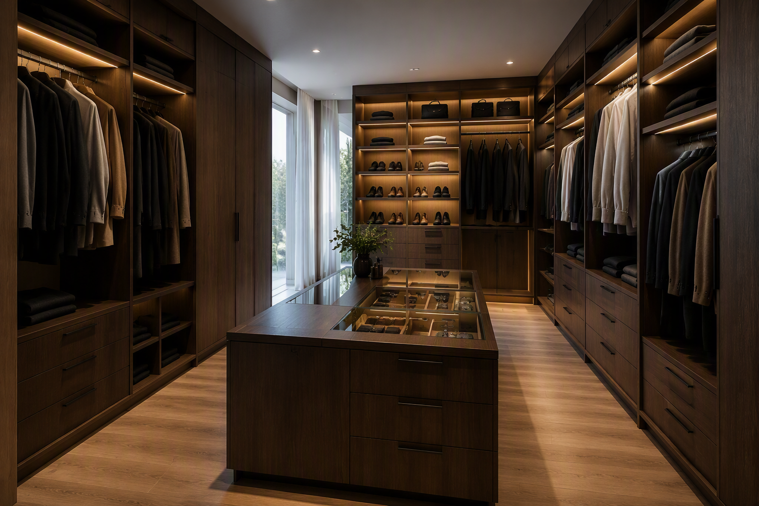 Walk-in sur mesure haut de gamme avec rangement intégré fabriqué par Luxury Custom Wood