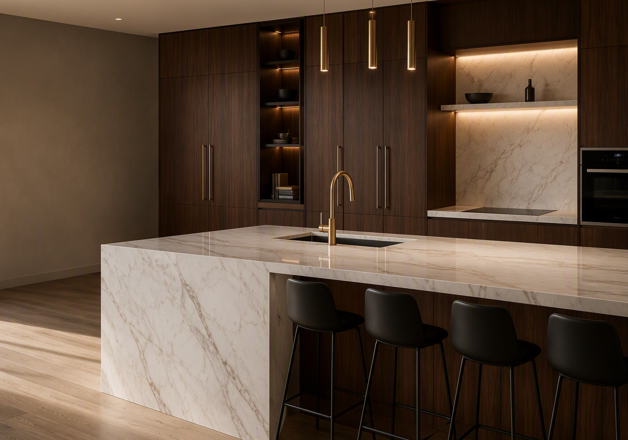 Cuisine contemporaine sur mesure en noyer et marbre