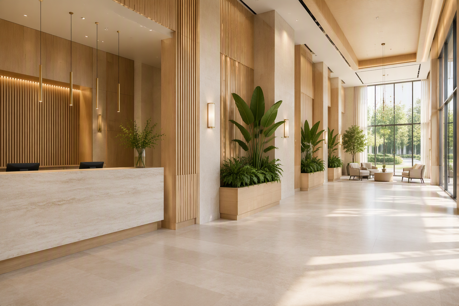 Réception d'hôtel avec panneaux muraux architecturaux et mobilier sur mesure