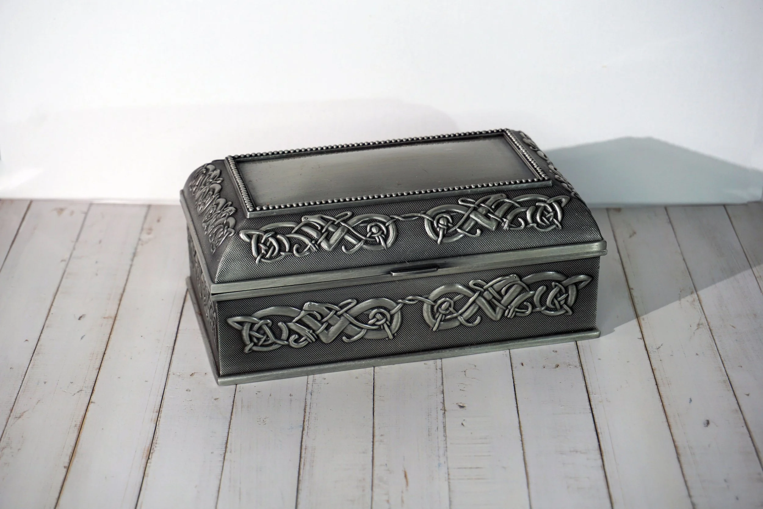 Pewter Celtic Jewellery Box with red velvet interior.  #JB2619HMW