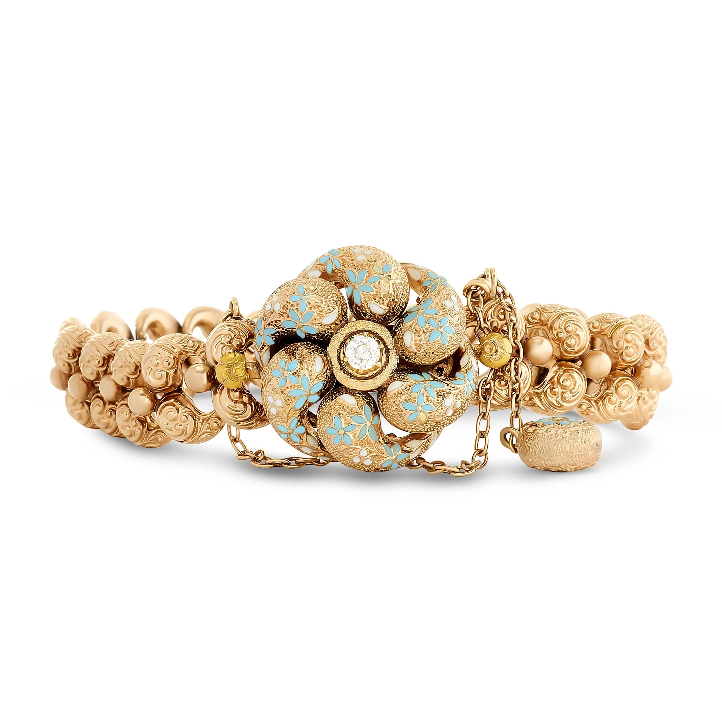 14k rose gold diamond and enamel floral link bracelet