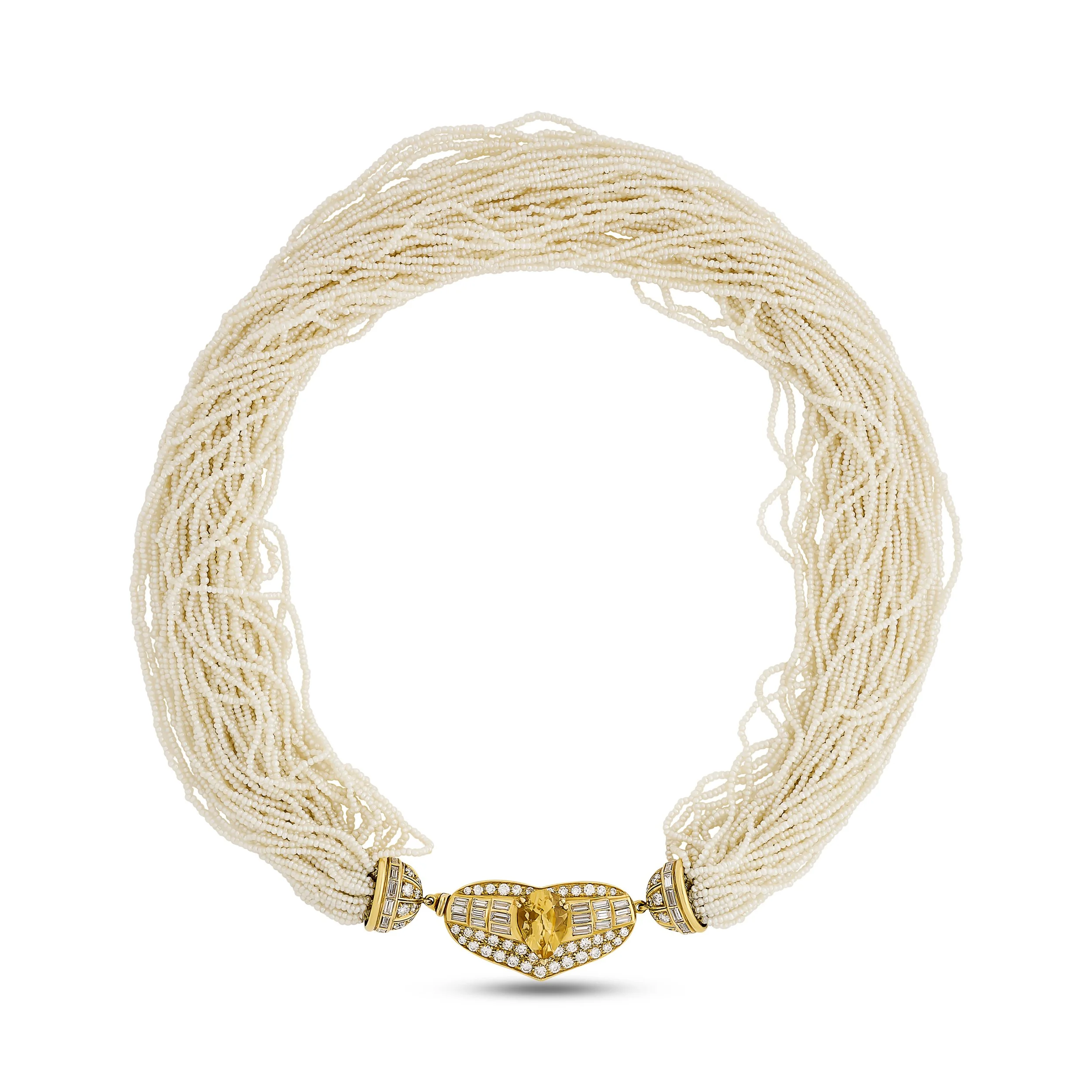 18k yellow gold multi-strand pearl necklace with citrine and diamonds
