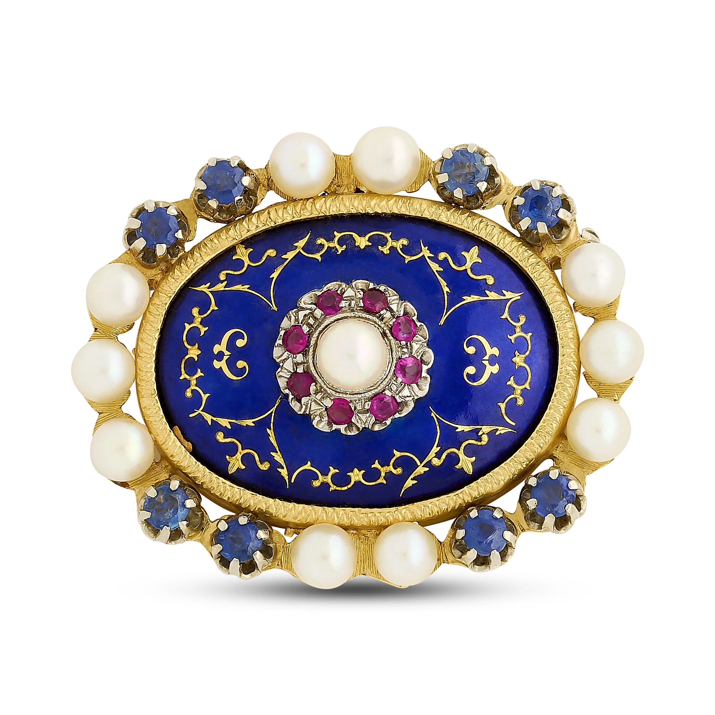 18k yellow gold multi-gemstone and enamel filigree brooch