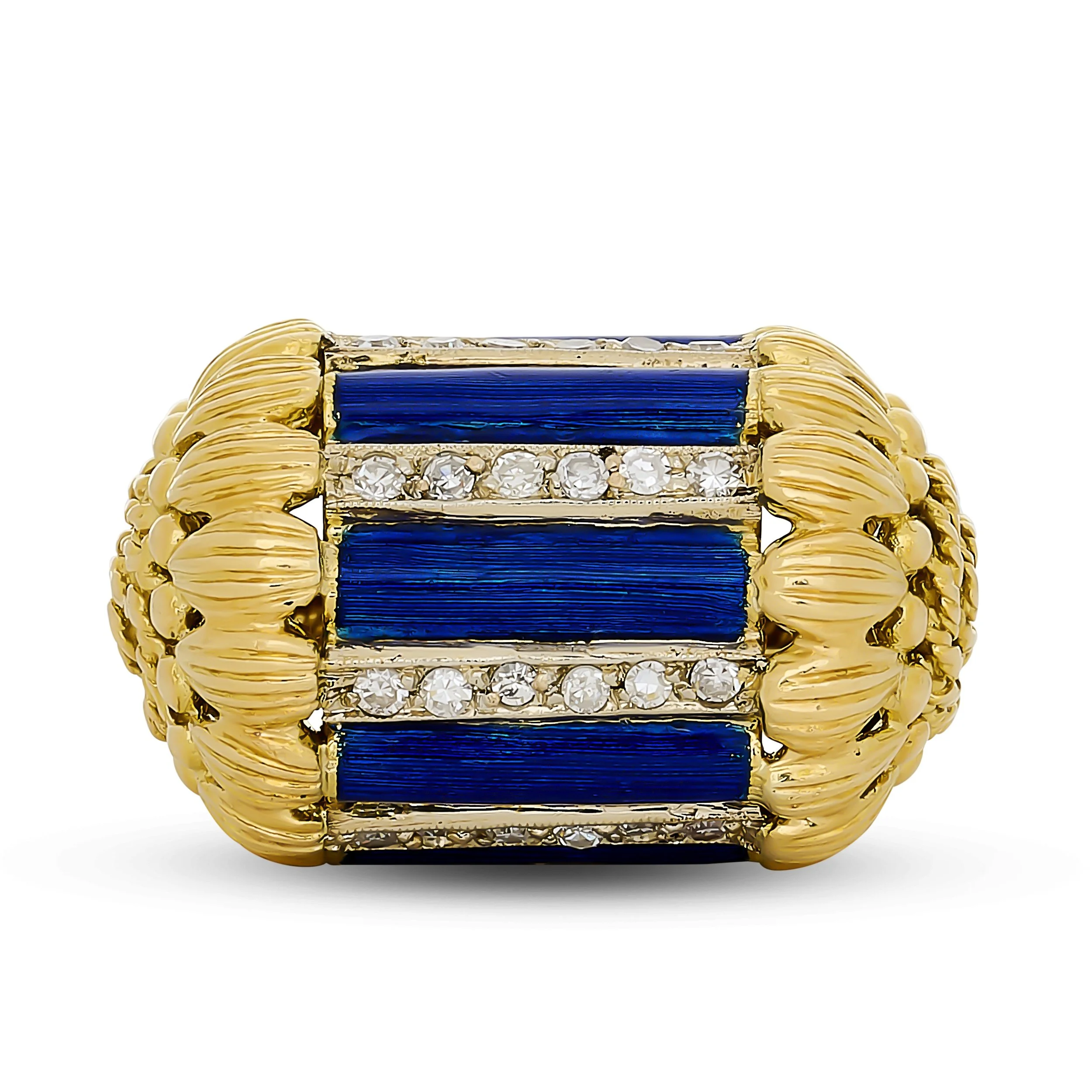 18k yellow gold  blue enamel and diamond ring