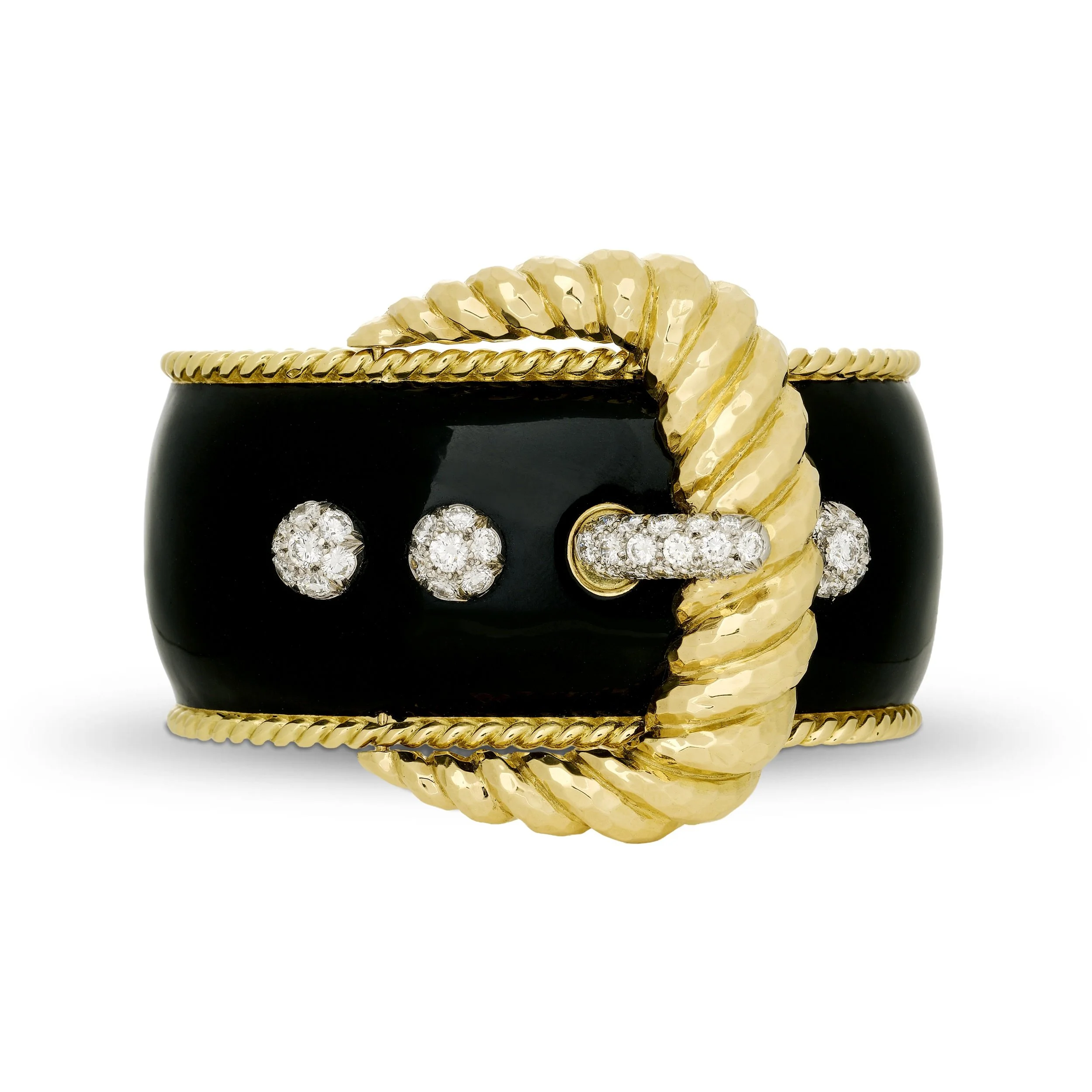 David Webb 18k yellow gold and platinum black enamel Buckle cuff bracelet