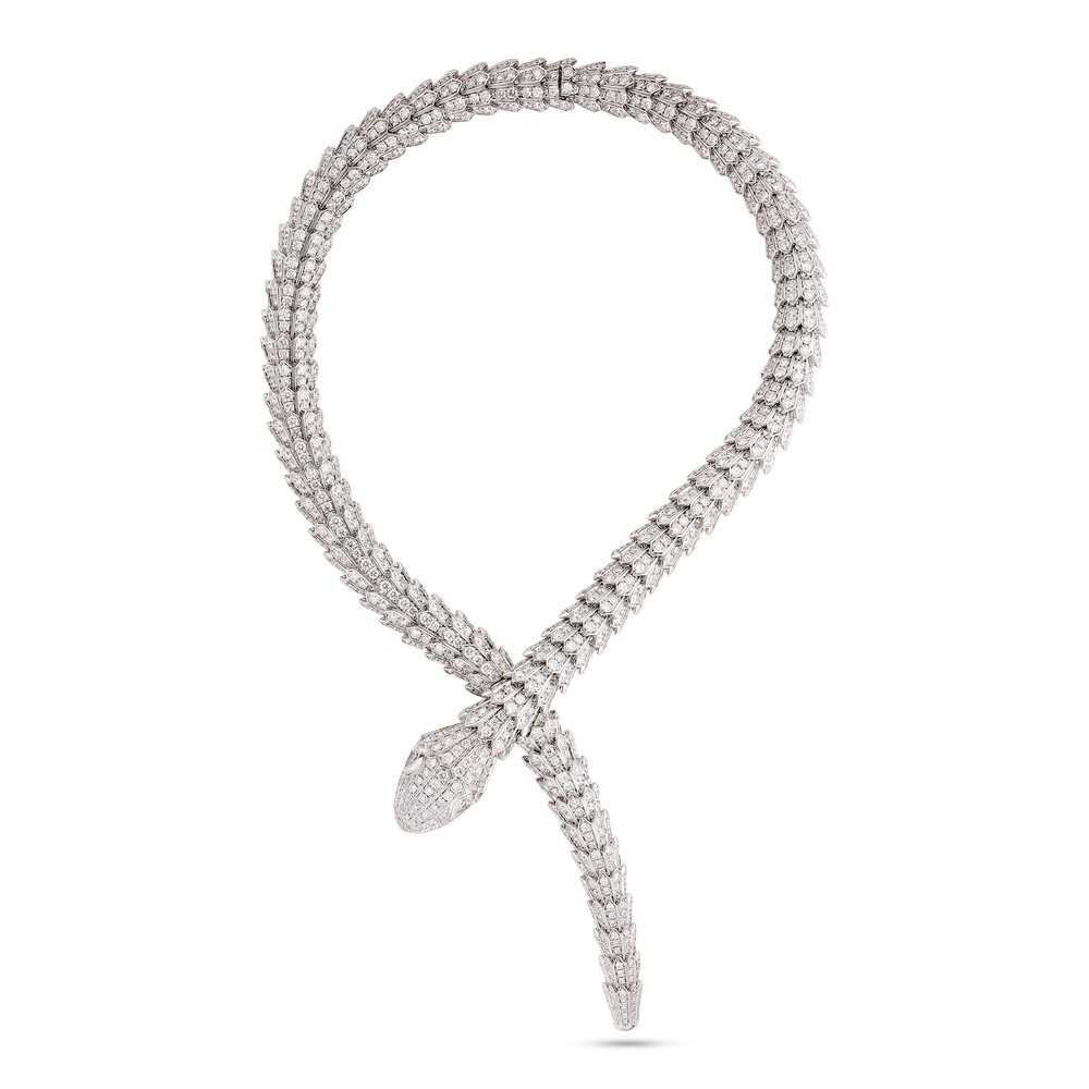 Bulgari Serpenti 18k white gold diamond snake necklace —