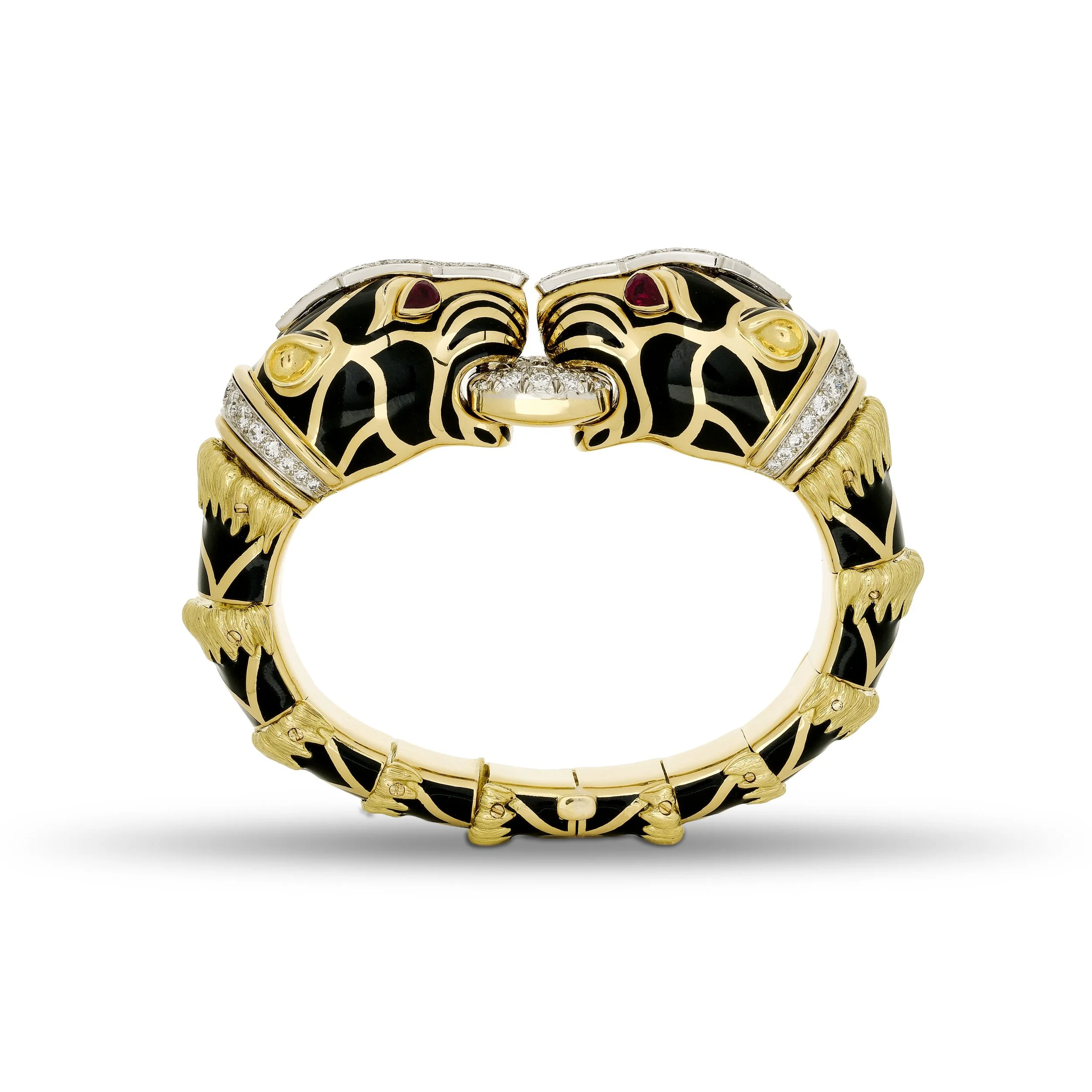 David Webb 18k yellow gold and platinum black enamel double lion head bangle