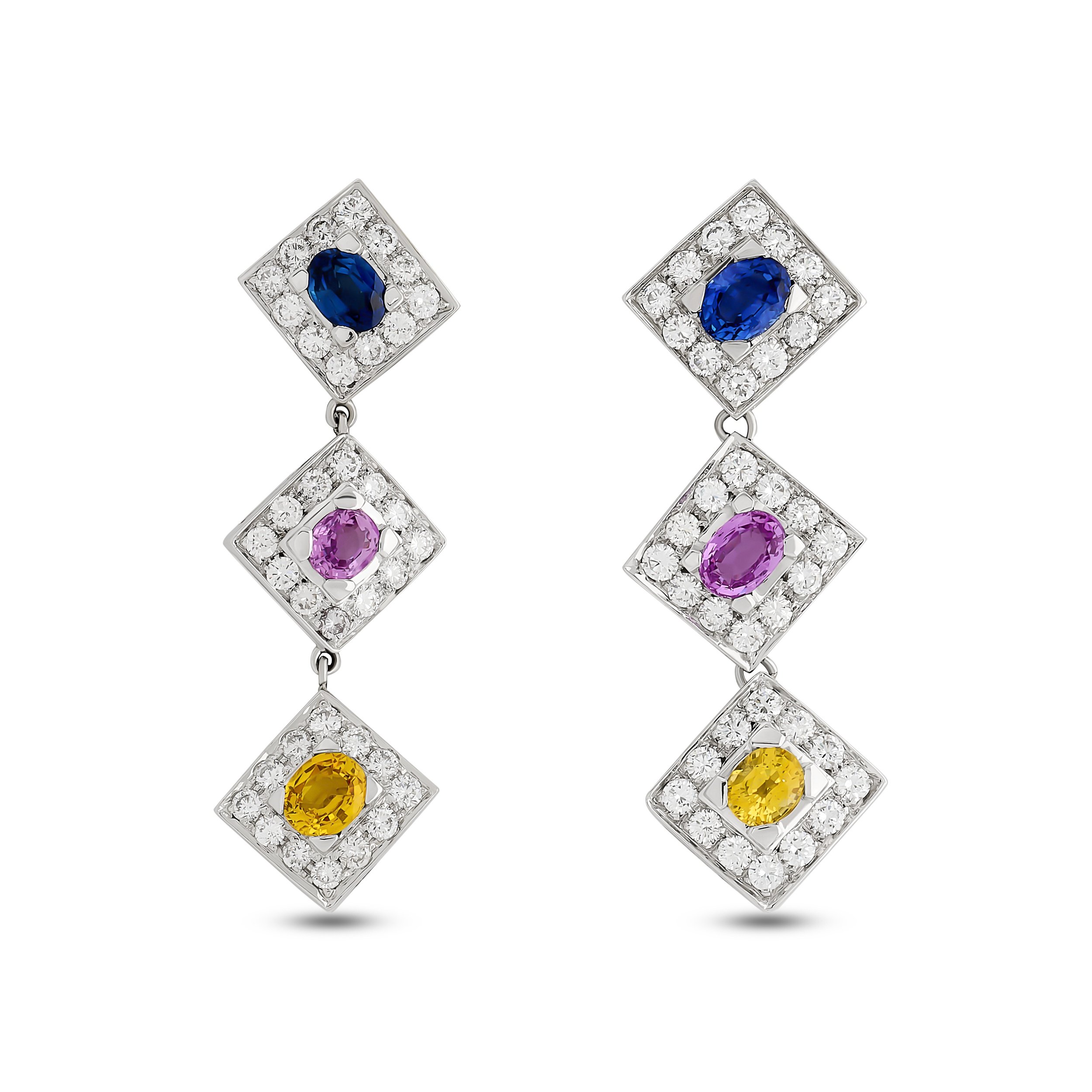 18k white gold diamond and 7.00ct multi-color sapphire drop earrings