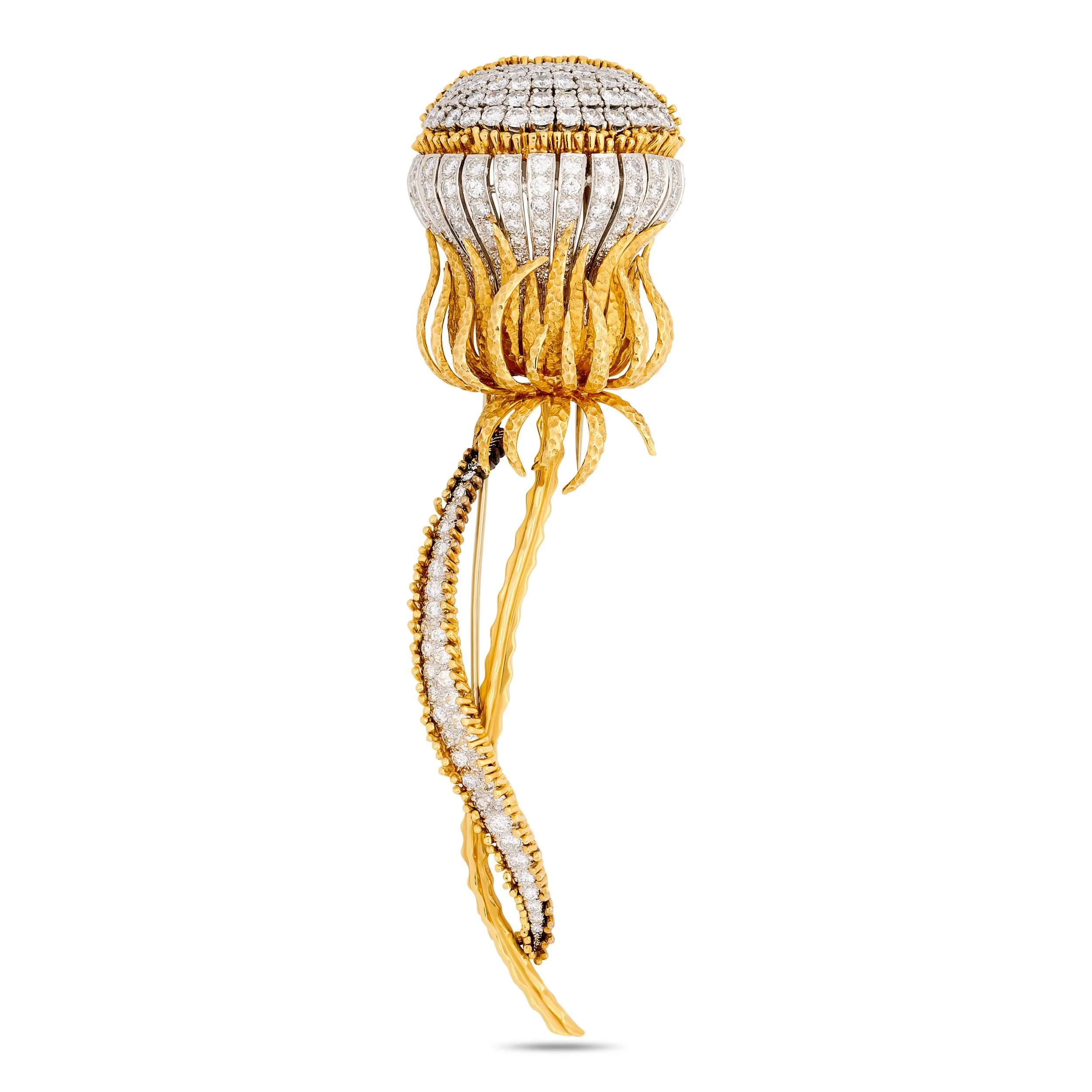David Webb 18k yellow gold and platinum diamond thistle brooch